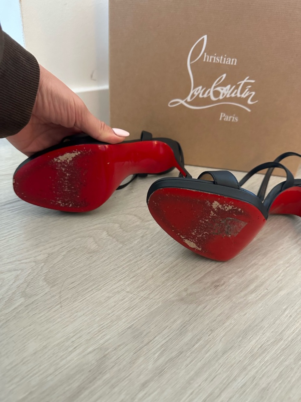 Christian Louboutin Black Leather Red Sole High Heel Sandals - Picture 3 of 6
